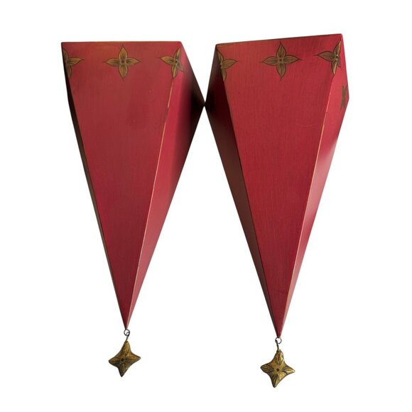Pair Of Southern Living Red Metal Wall Sconces With Gold Star Accents & Hanging - Picture 4 of 9